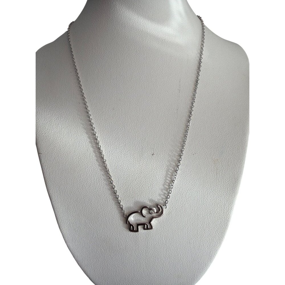 Silver Tone Elephant Pendant Necklace Rhinestone Open Work Trunk Up Adj 19" NWOT